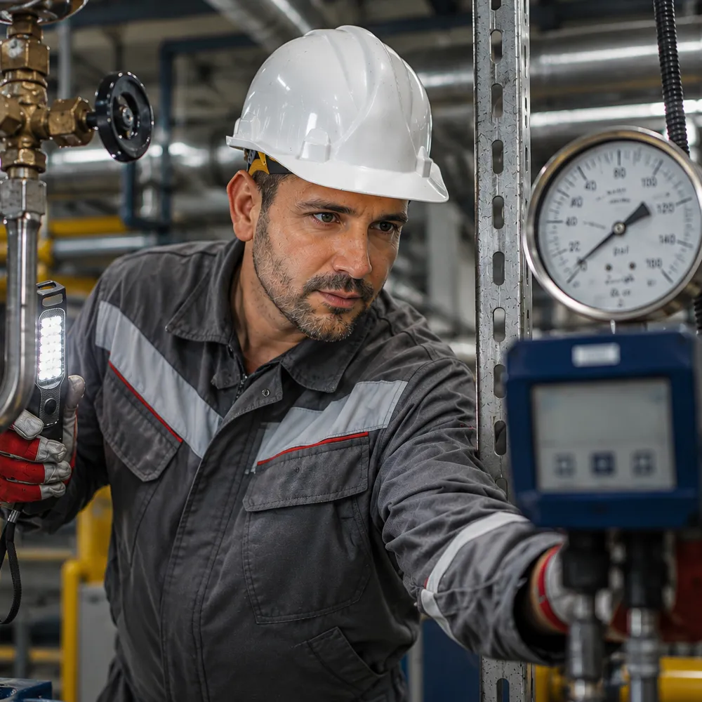 man working in industrial area with gas detection system man working in industrial area with gas detection system